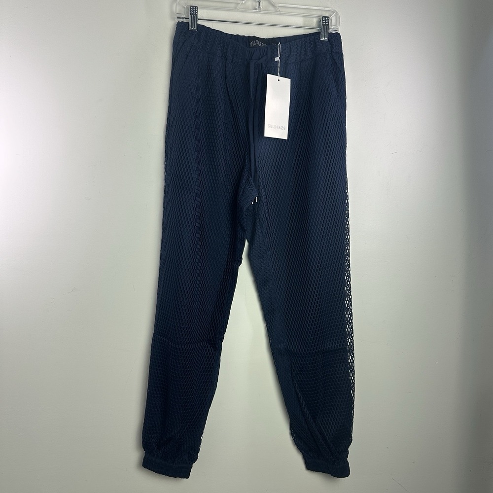 Wildfang Empower Drawstring mesh Pant Jogger navy Blue medium comfortable NWT